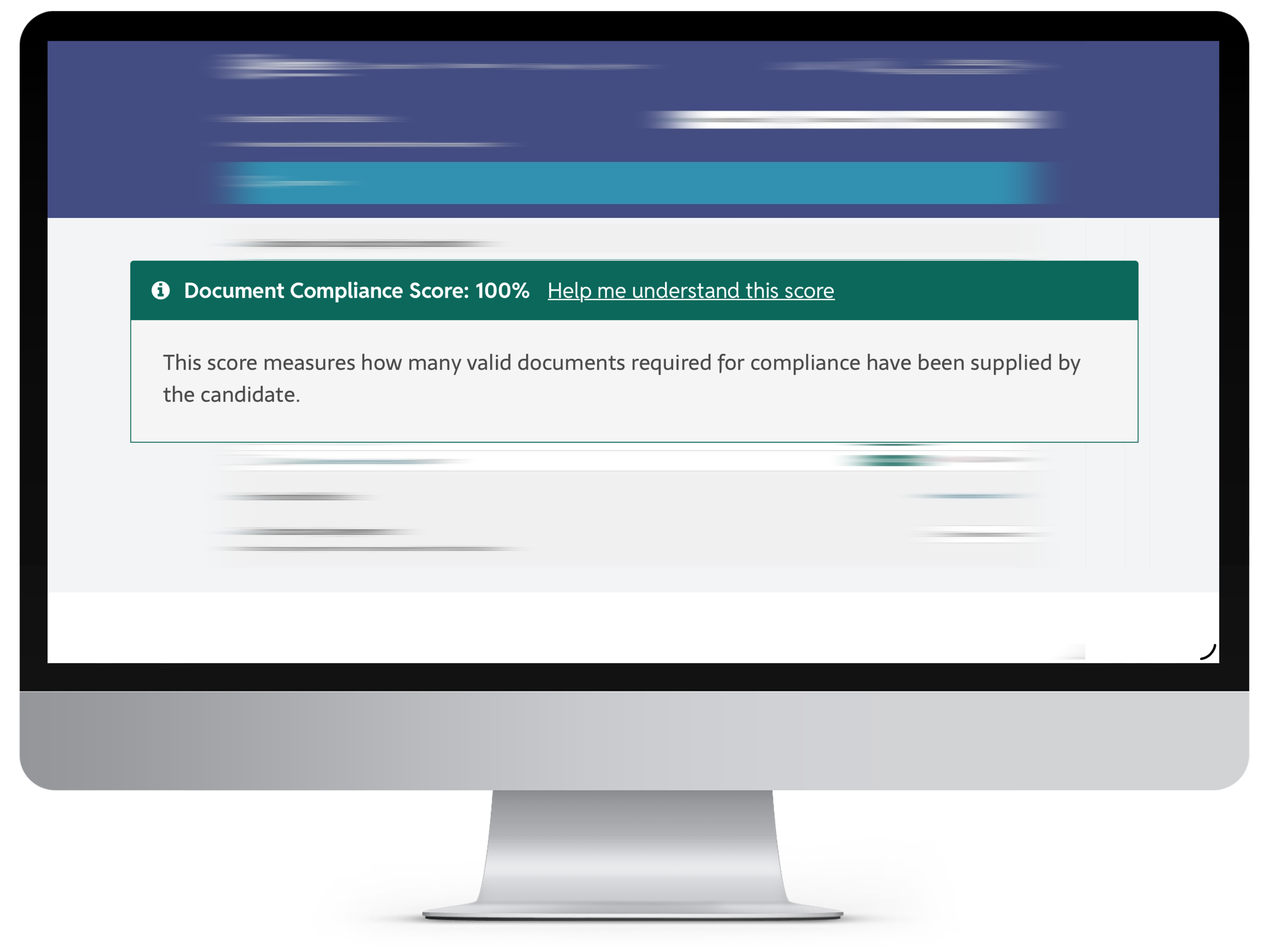 A computer monitor displaying a website or document with a 100% compliance score message and an explanation about valid documents required for compliance.