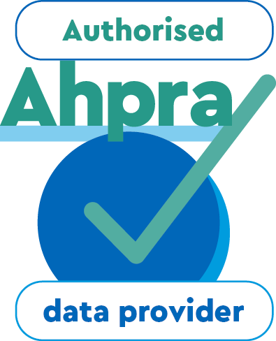 A badge with a white top label reading 'Authorised' and a white bottom label reading 'data provider,' a teal large text 'Ahpra,' and a blue circle with a checkmark.