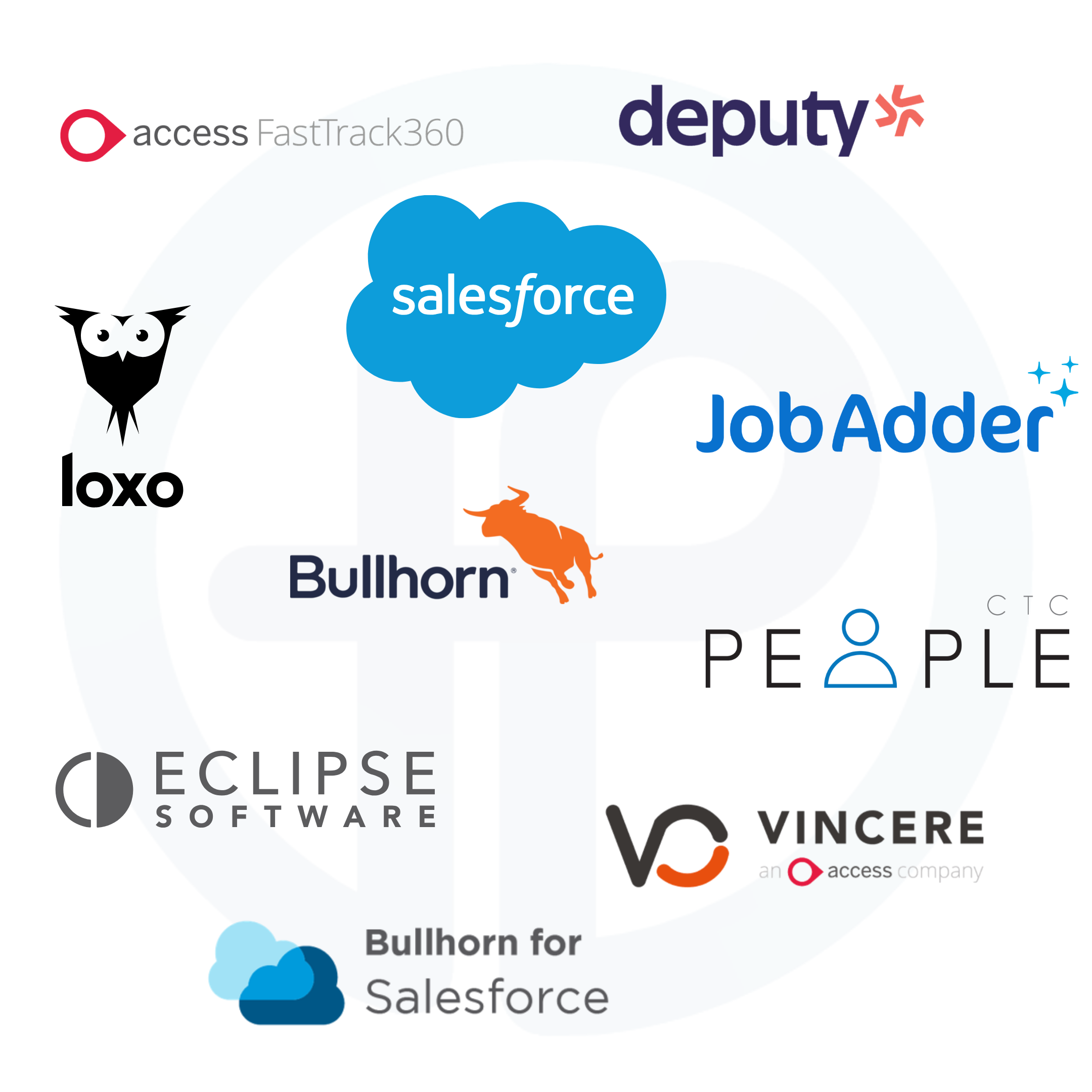 Collection of logos for various technology and software companies including Access FastTrack360, Deputy, Salesforce, Bullhorn, Loxo, Freshworks, Vincere, and others.