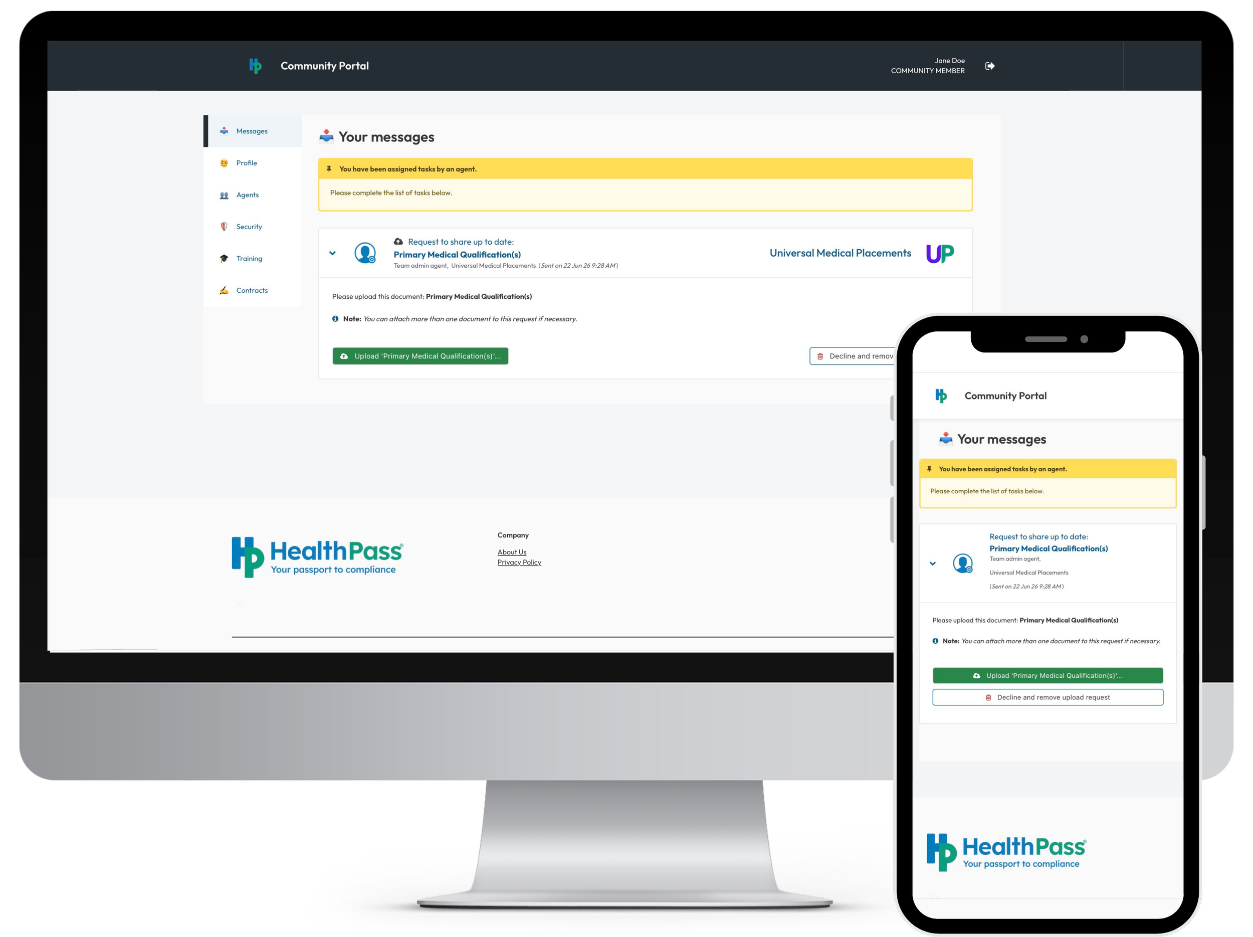 Screenshot of a community portal webpage on a computer and mobile device, with a dark header, a sidebar menu, and a main content area showing a message about uploading primary medical qualification documents and a logo at the bottom that reads 'HealthPass'.