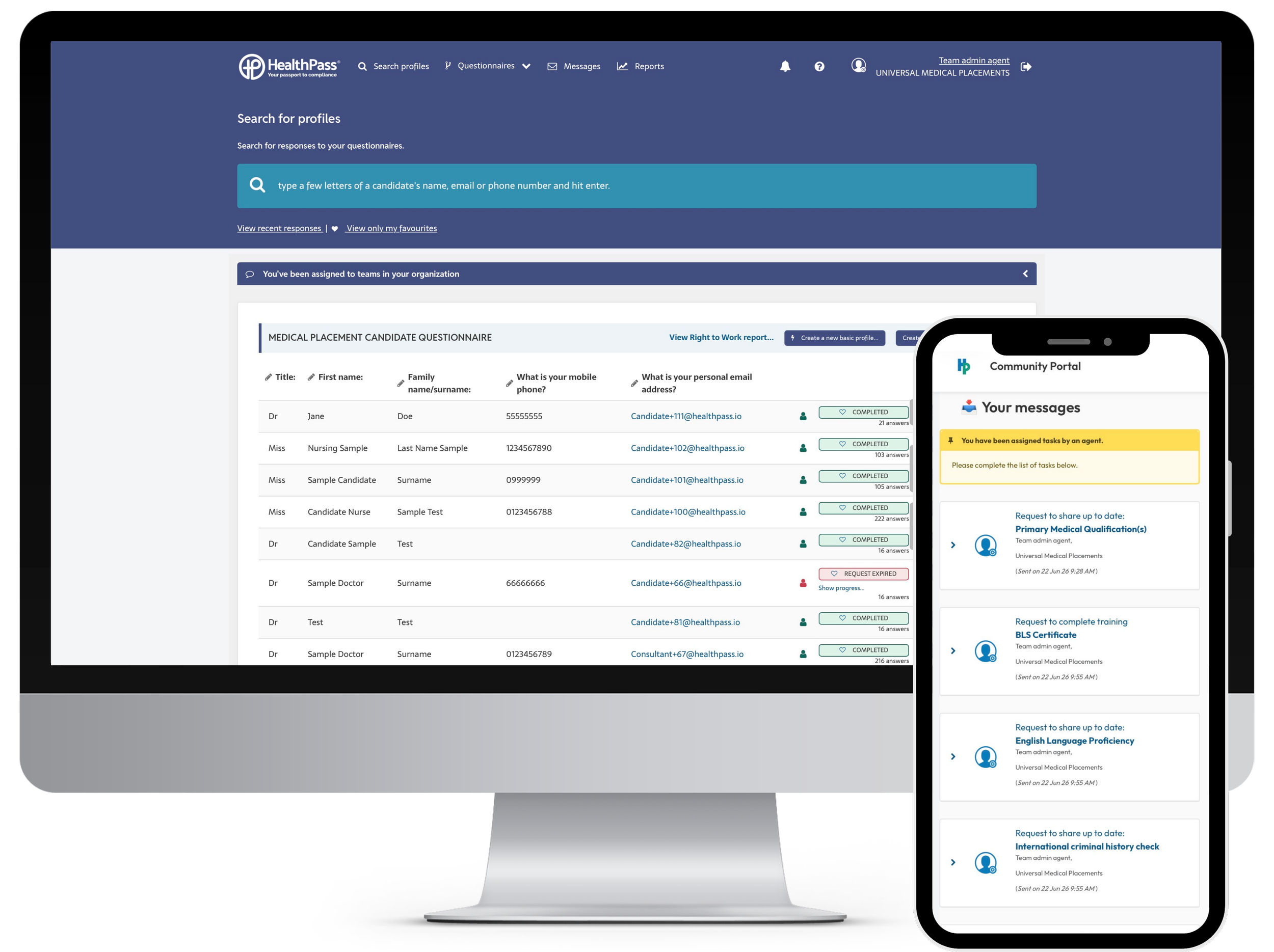 Screenshot of a healthcare management web application on a computer monitor and a mobile phone. The interfaces include sections for managing candidate profiles, responses, notifications, and task management, with various tabs, icons, and lists of responses visible.