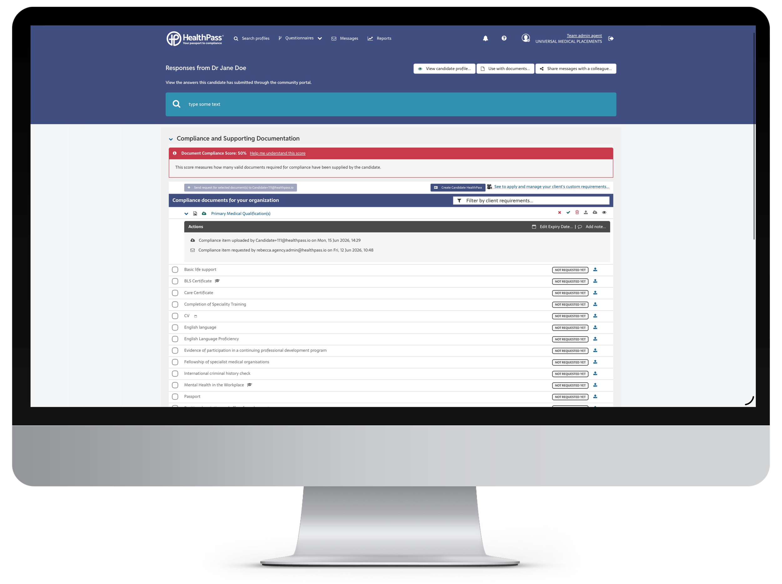 Computer screen displaying a health pass response portal, showing a compliance score of 50%, with sections for uploading documents and verifying different health certifications listed as not requested yet.