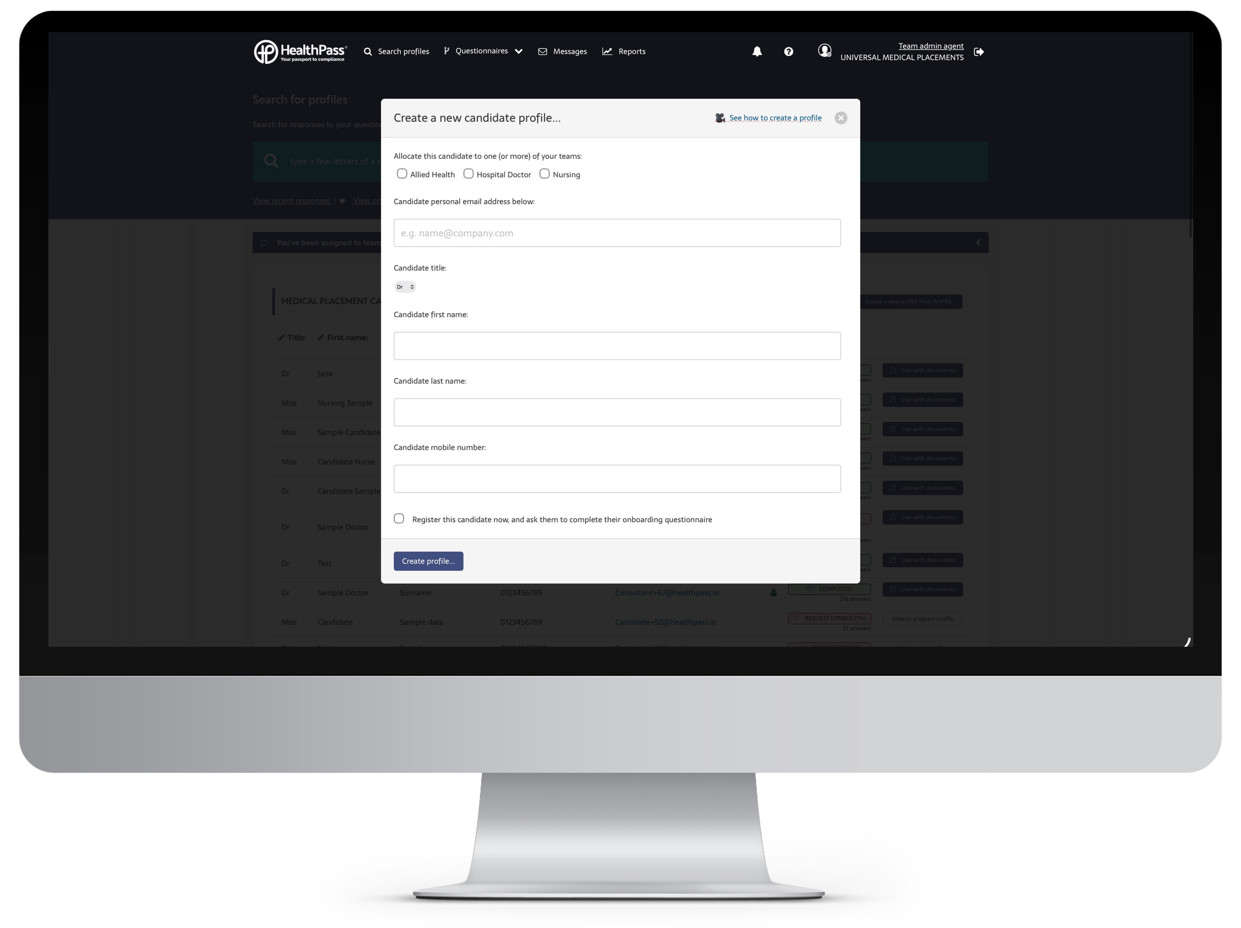 Computer monitor displaying a web form for creating a new candidate profile on a healthcare-related platform, with options for team allocation and personal details.