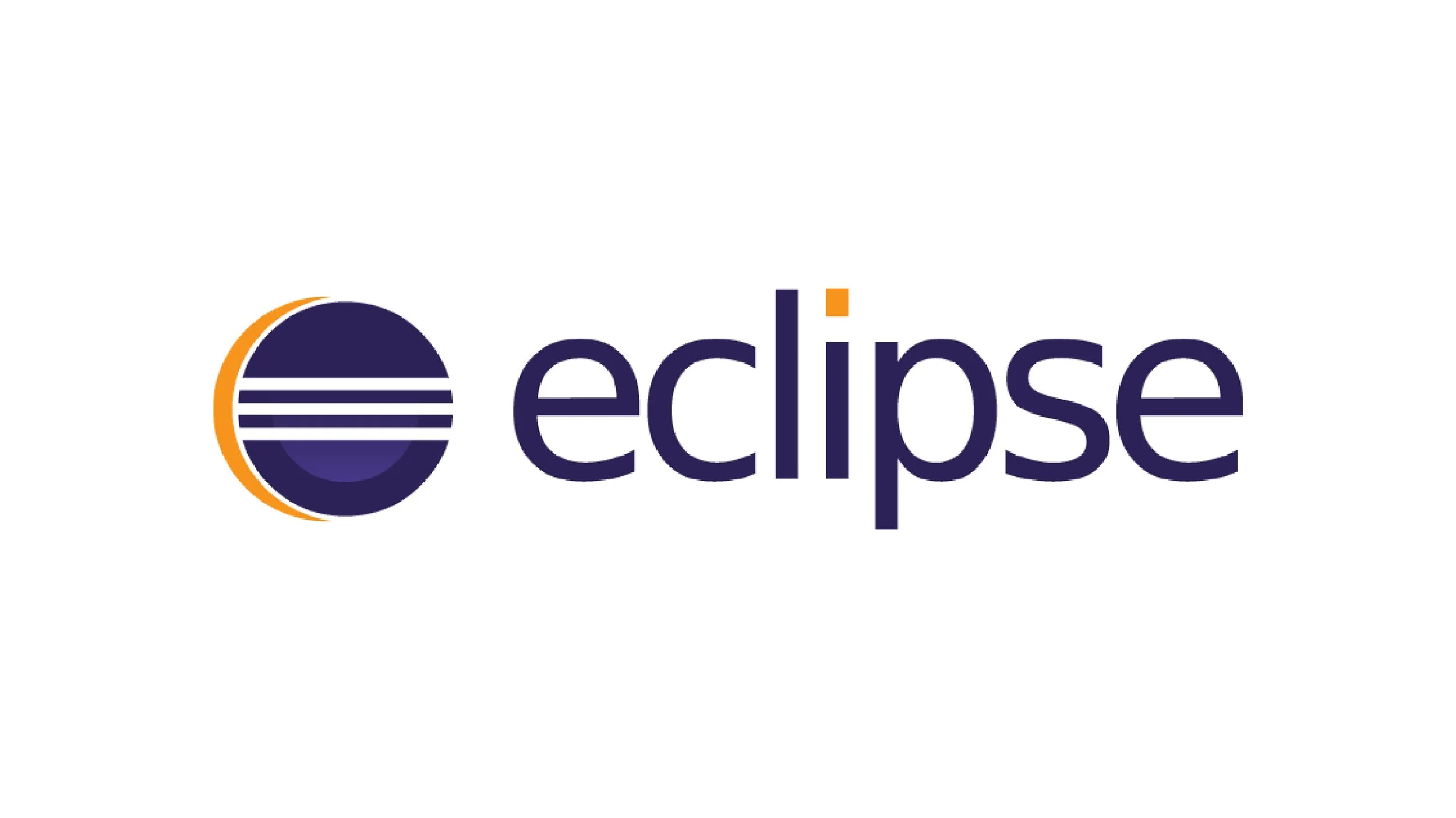 Logo for Eclipse, featuring a dark blue circle with horizontal white lines and an orange semicircular border, followed by the word 'eclipse' in dark purple lowercase letters.