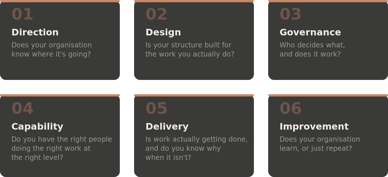 A diagnostic framework built on 20 years of operating model expertise. Find out where the pressure is in your organisation and what it's costing you.