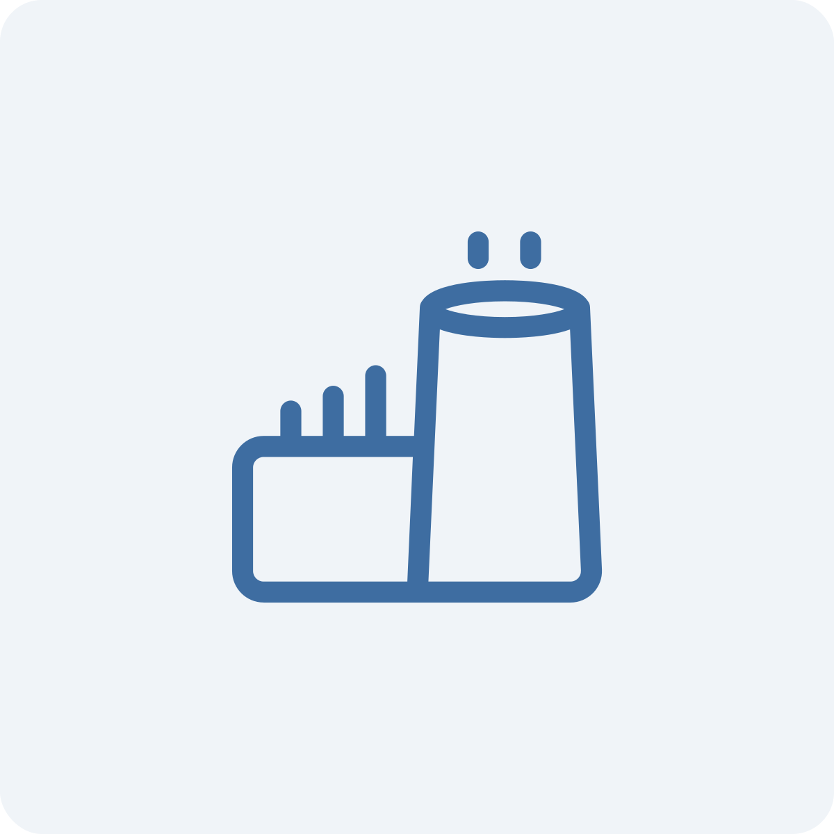 Line drawing of a nuclear power plant cooling tower and a reactor building.
