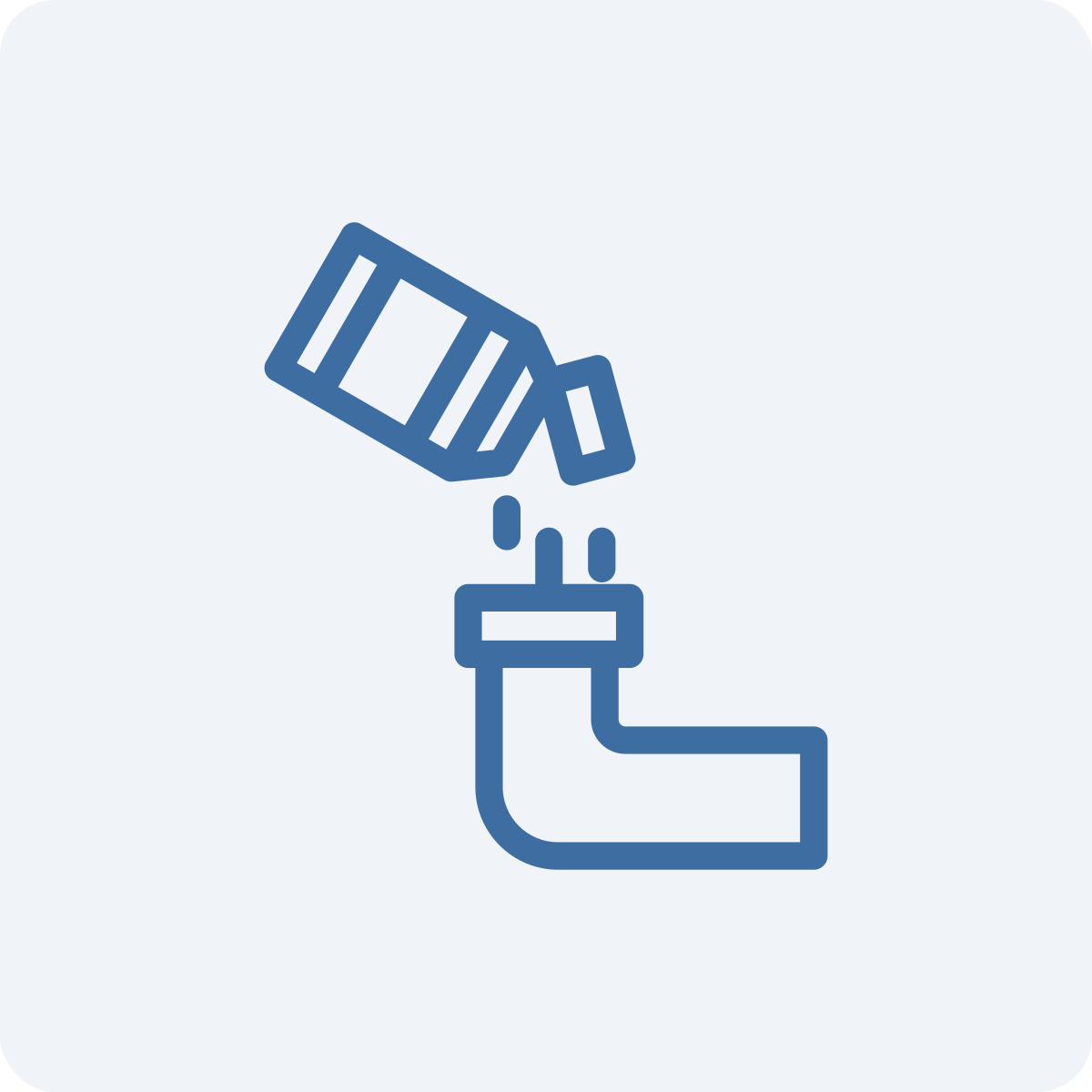 Icon of a drainpipe with water pouring into it, representing plumbing or drainage.