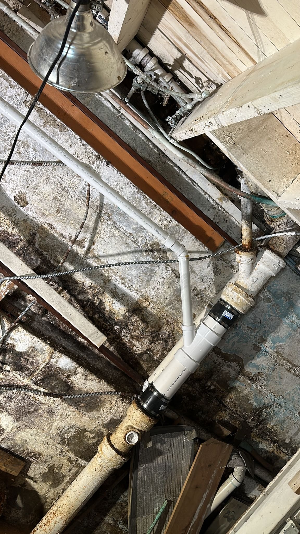 A view of plumbing pipes and fixtures in a basement or crawl space, showing PVC and metal pipes, some rusted, along with a section of exposed brick wall.