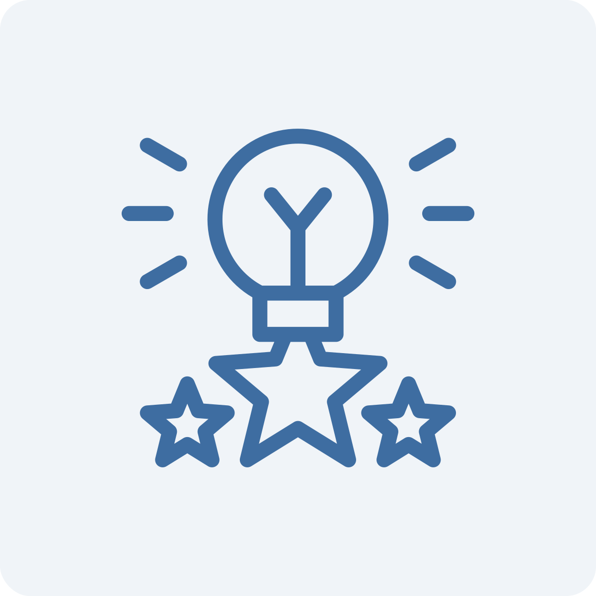 An illustration of a lightbulb with a leader inside it, surrounded by rays, connected to three stars below.