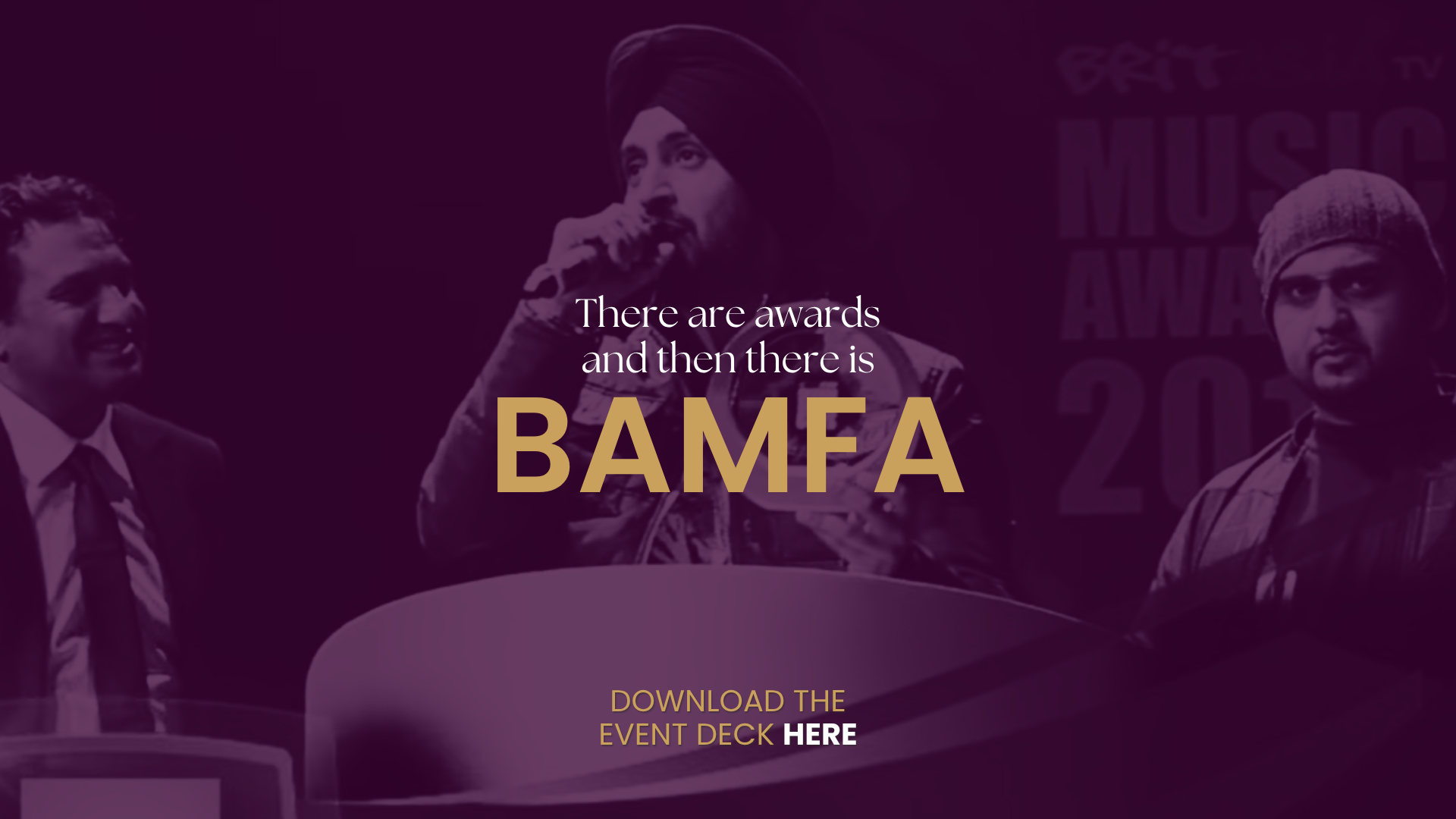 A promotional graphic for BAMA with images of several people, including a man with a turban, a woman speaking into a microphone, and a man wearing glasses and a beanie, over a purple background with event details.
