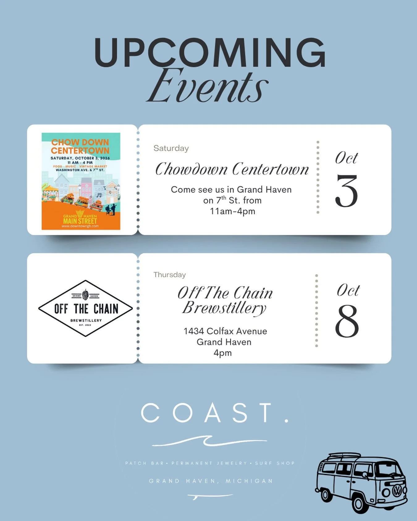 Save the dates!

We&rsquo;ve got some fun things coming up and we&rsquo;d love to see you there. Come shop, hang out, and enjoy a little Coast time. 🌊

October 3rd: Chowdown Centertown 
11am-4pm 
Coast will be parked on the corner of 7th St. and Col