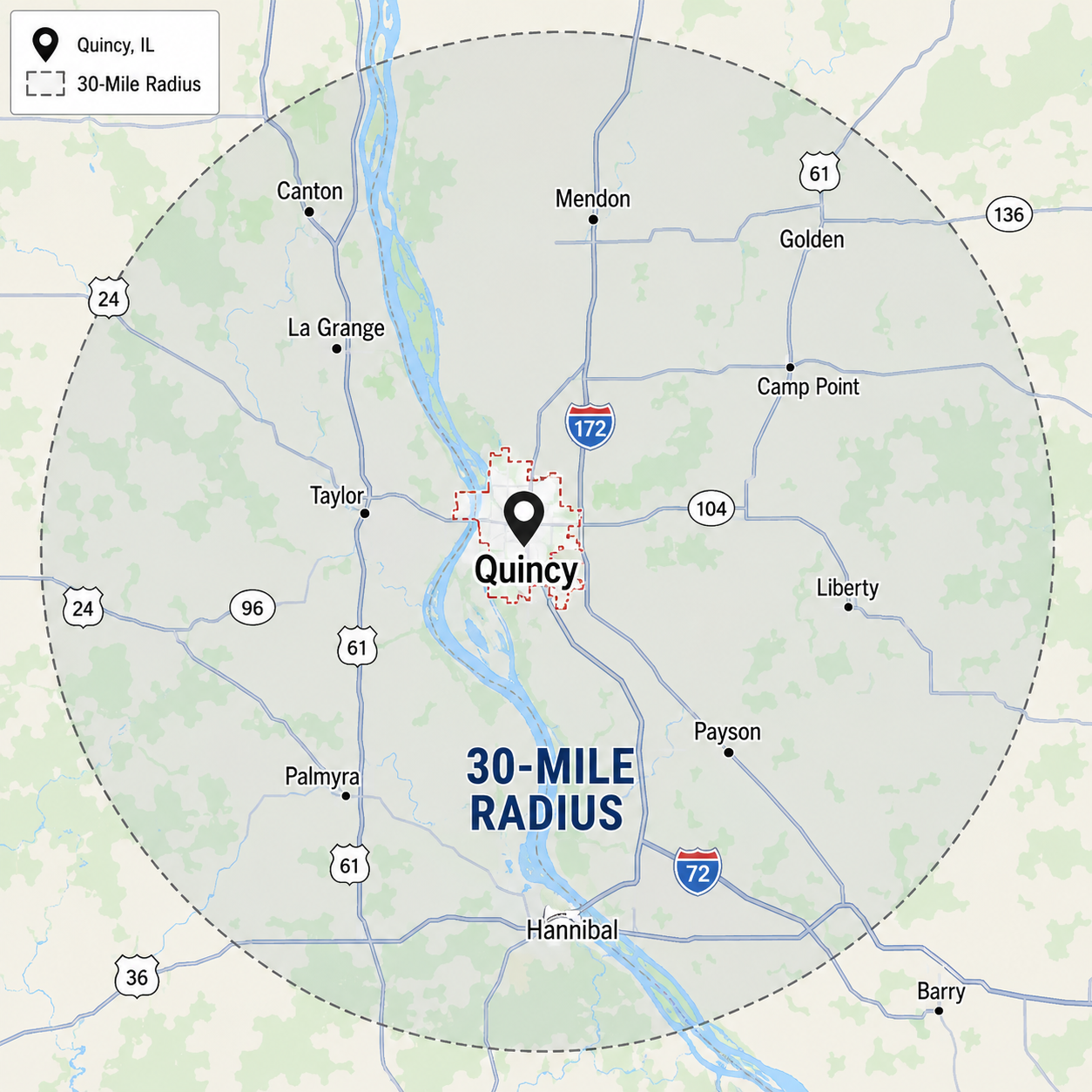 Map showing Quincy, Illinois, with a 30-mile radius circle around the city and major roads including highways 24, 61, 96, 104, 136, 172, 72, and 36, as well as nearby towns such as Canton, La Grange, Taylor, Palmyra, Hannibal, Barry, Payson, Liberty, Camp Point, Golden, Mendon, and Barry.