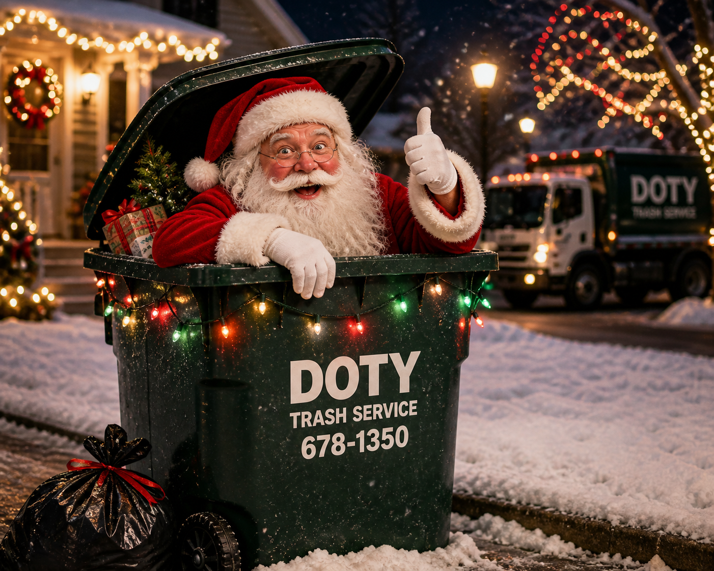 Santa Claus smiling and giving a thumbs-up while leaning out of a green trash bin decorated with Christmas lights. The bin is labeled 'DOTY Trash Service, 678-1350,' and there are wrapped presents inside. Snow covers the ground outside a festive house with Christmas lights and wreaths, and a DOTY trash truck is parked in the background.
