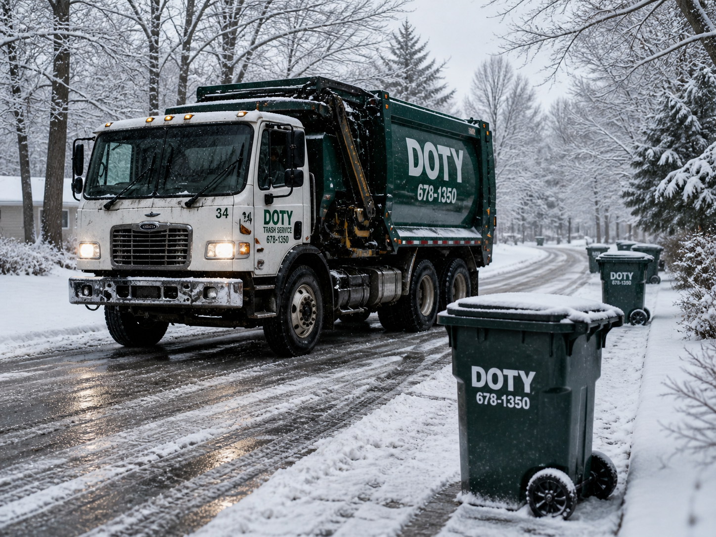 A snow-covered residential street with a trash collection truck and several trash bins with 'DOTY' written on them.