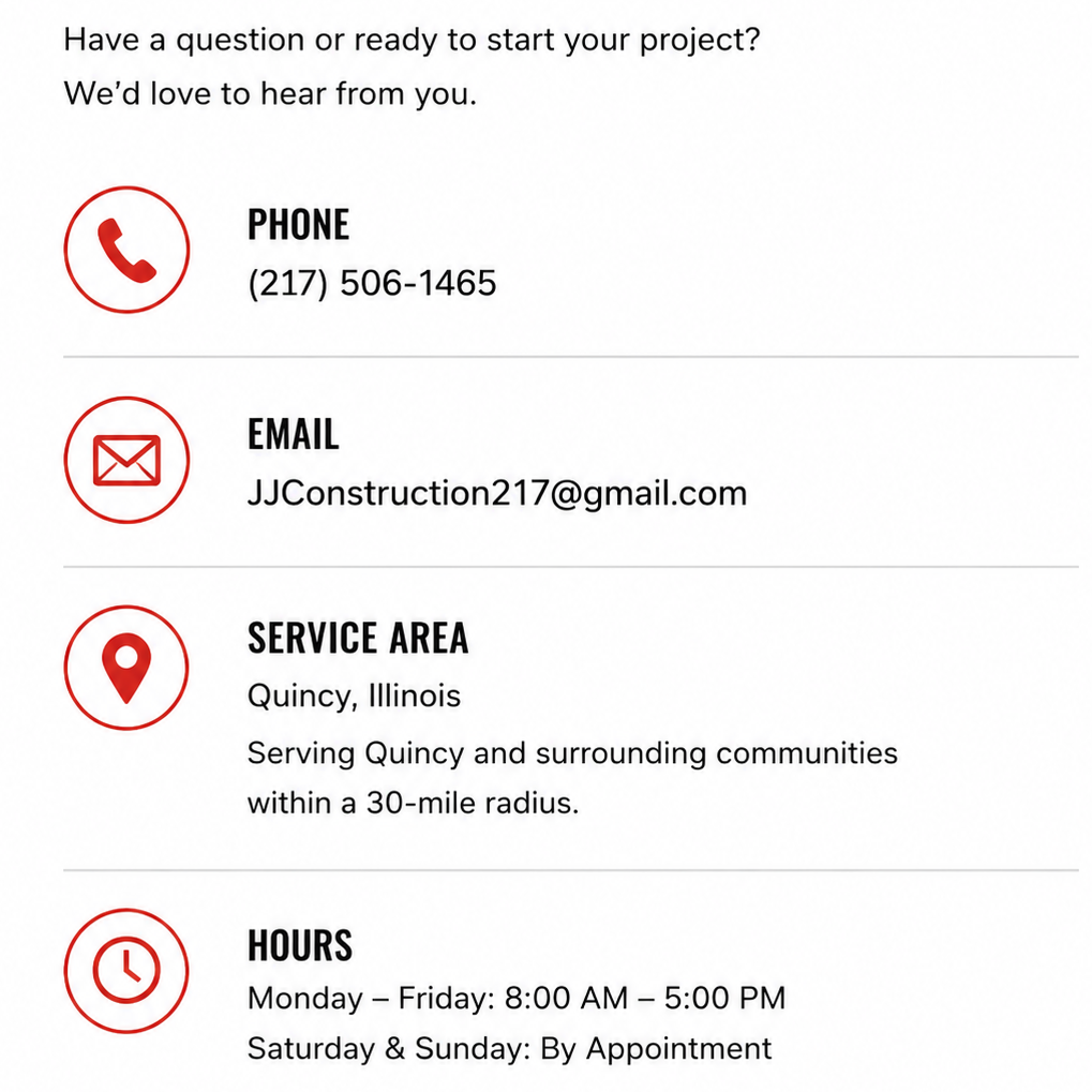 Contact information for a service, including a phone number, email, service area in Quincy, Illinois, and hours of operation.