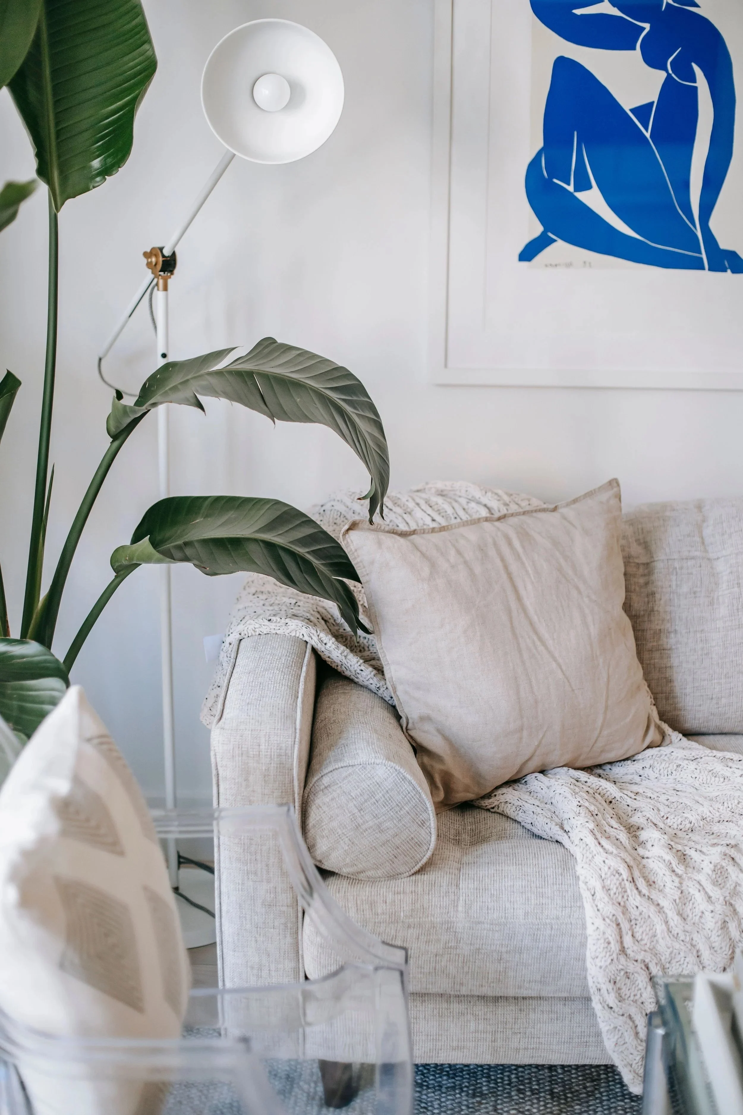 Living room with beige sofa, beige pillows, and a white knitted throw blanket. Green large leafy plant and a white floor lamp are visible. A framed blue abstract art piece hangs on the white wall.
