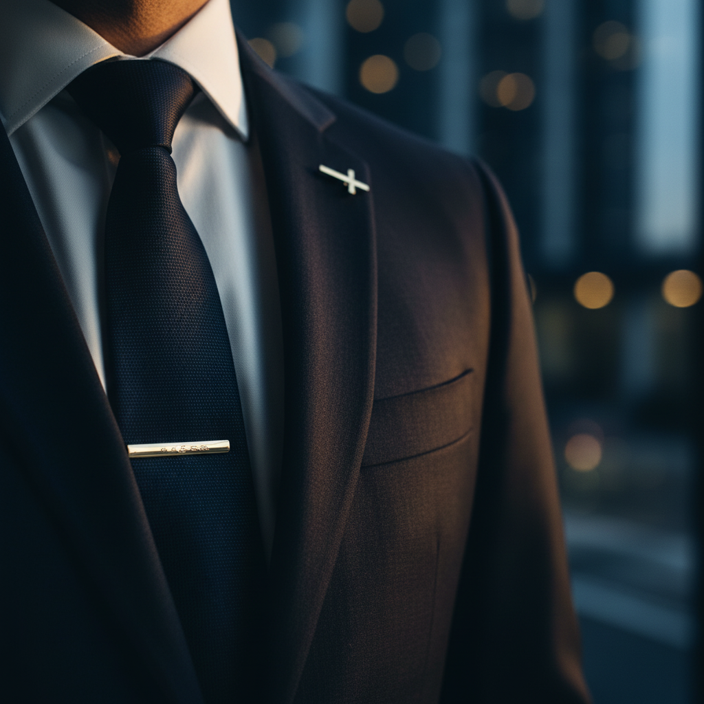 Close-up of a man wearing a dark suit and tie, with a cross-shaped lapel pin and a tie clip, in a professional setting with blurred city lights in the background.