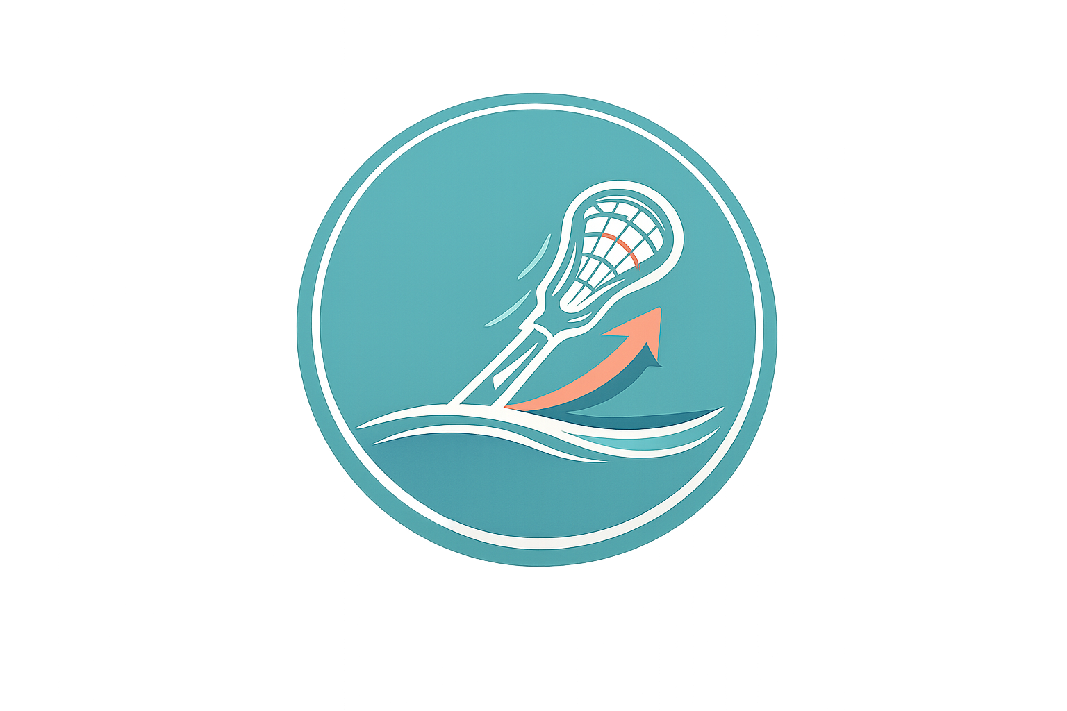 A logo of a lacrosse stick hitting a ball, with an upward arrow and wavy lines, on a teal background.