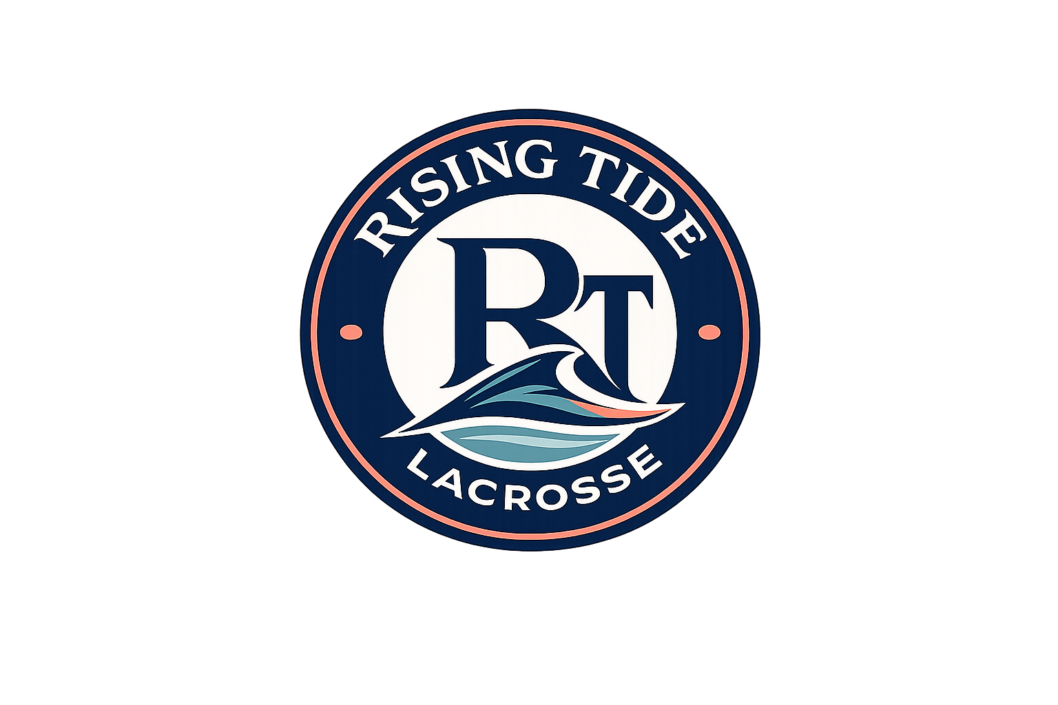 Rising Tide Lacrosse logo featuring a circular design with navy blue, pink, and white colors, and a stylized wave beneath the large overlapping letters 'RT'.