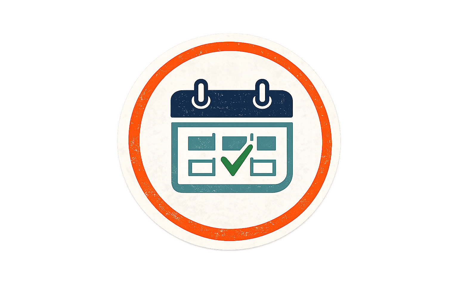 Icon of a calendar with a green checkmark inside a red circle, indicating scheduled or completed event.