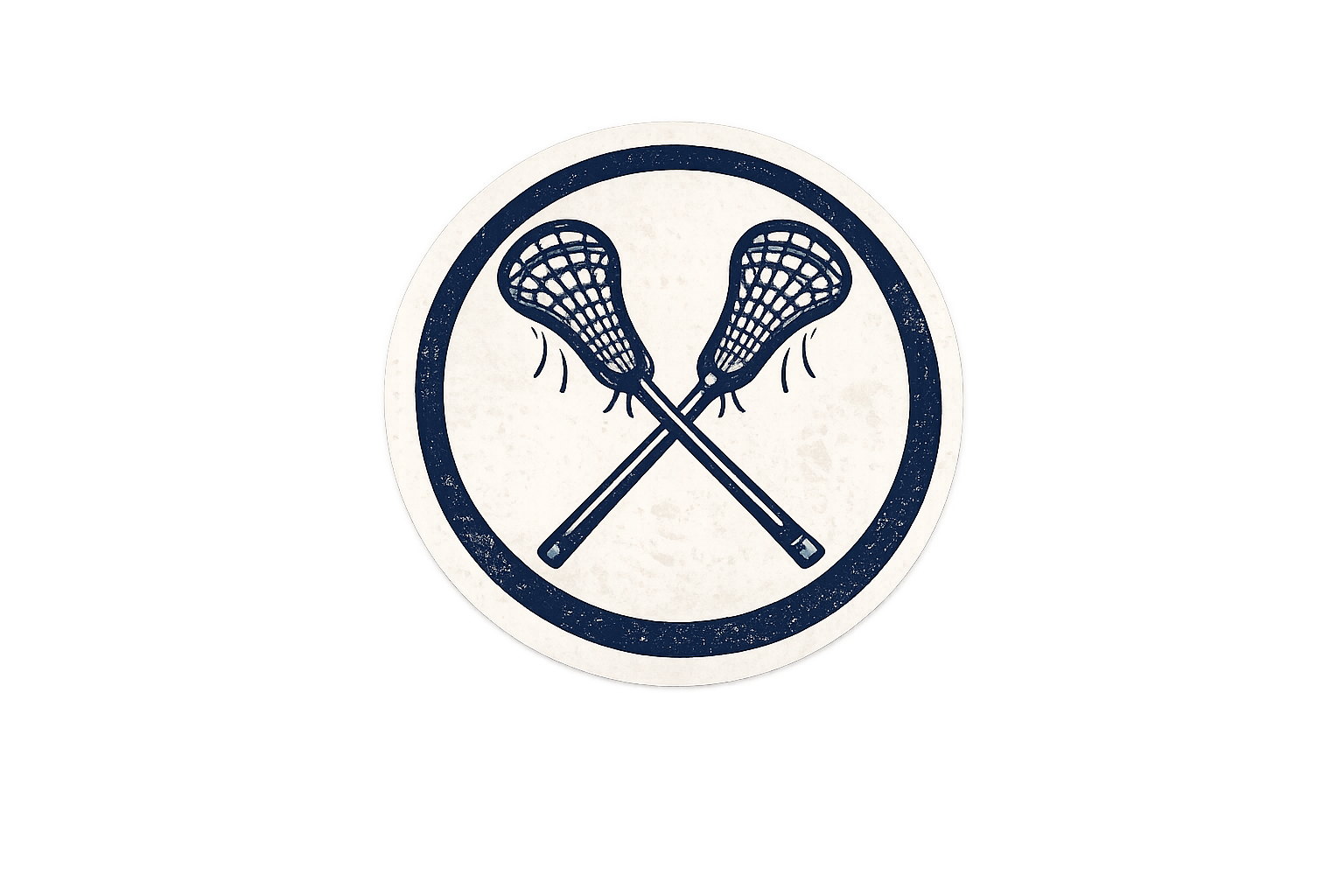 A circular logo with two crossed lacrosse sticks at the center. The sticks have netted goal heads, and the entire emblem has a distressed texture.