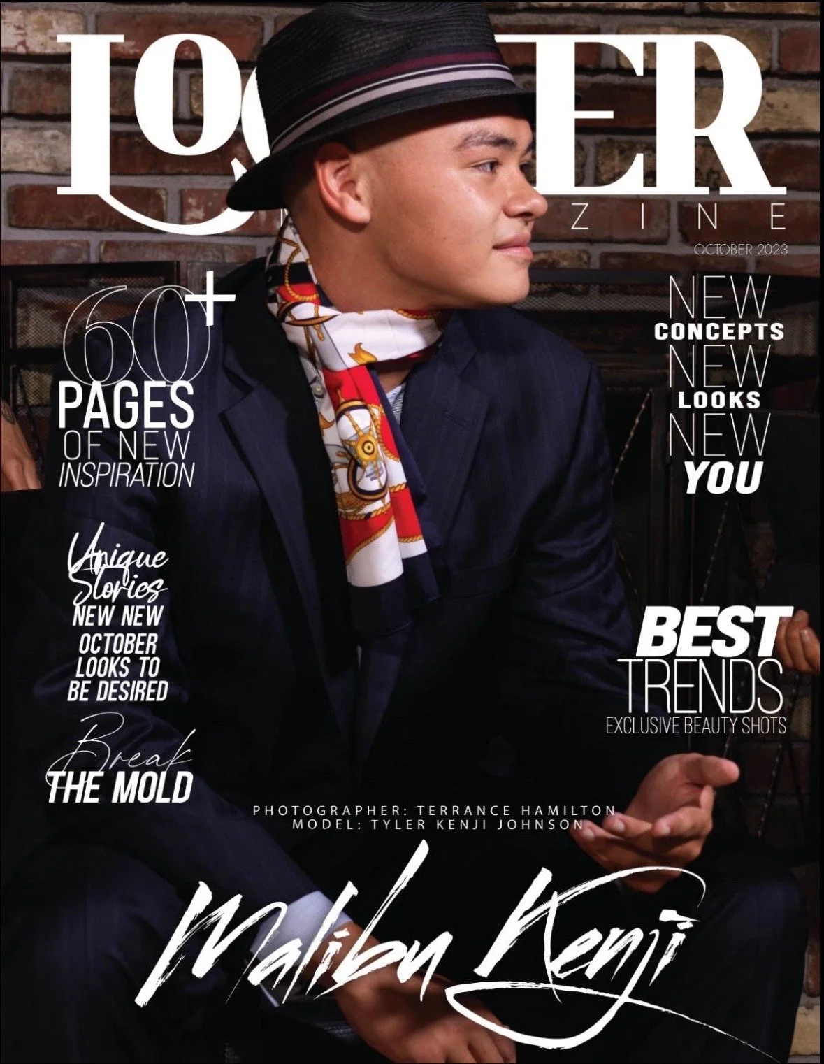 The cover of a magazine featuring a young man dressed in a dark suit, wearing a black hat with a striped band, and a colorful scarf tied around his neck. The background is a brick wall. Text on the cover includes headlines about new inspiration, unique stories, trends, beauty shots, and the model's name, Malian Kenji. The photographer is Terrance Hamilton and the model is Tyler Kenji Johnson.
