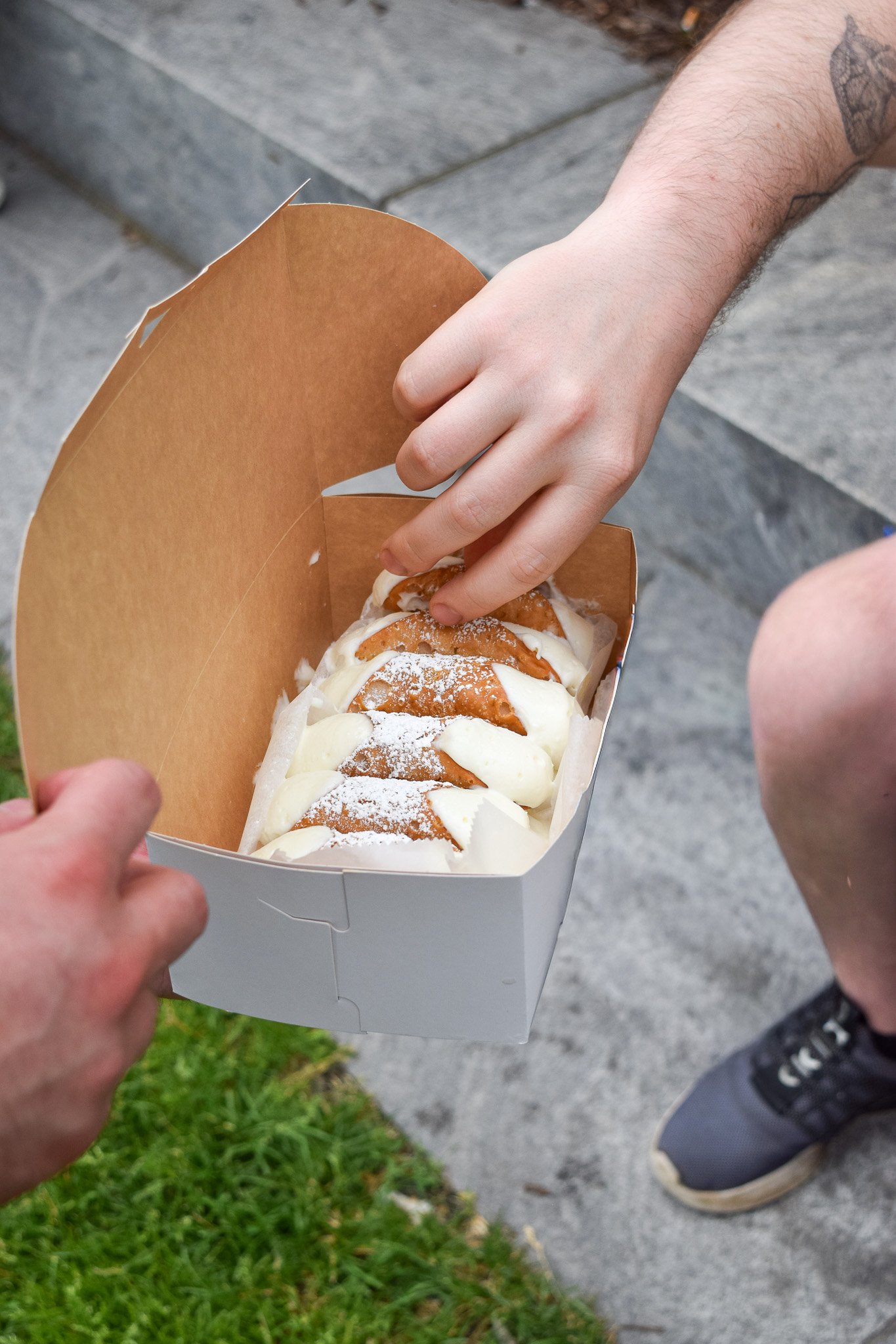 Hand pulling a fresh cannoli filled to order from a bakery box at Modern Pastry in Boston's North End