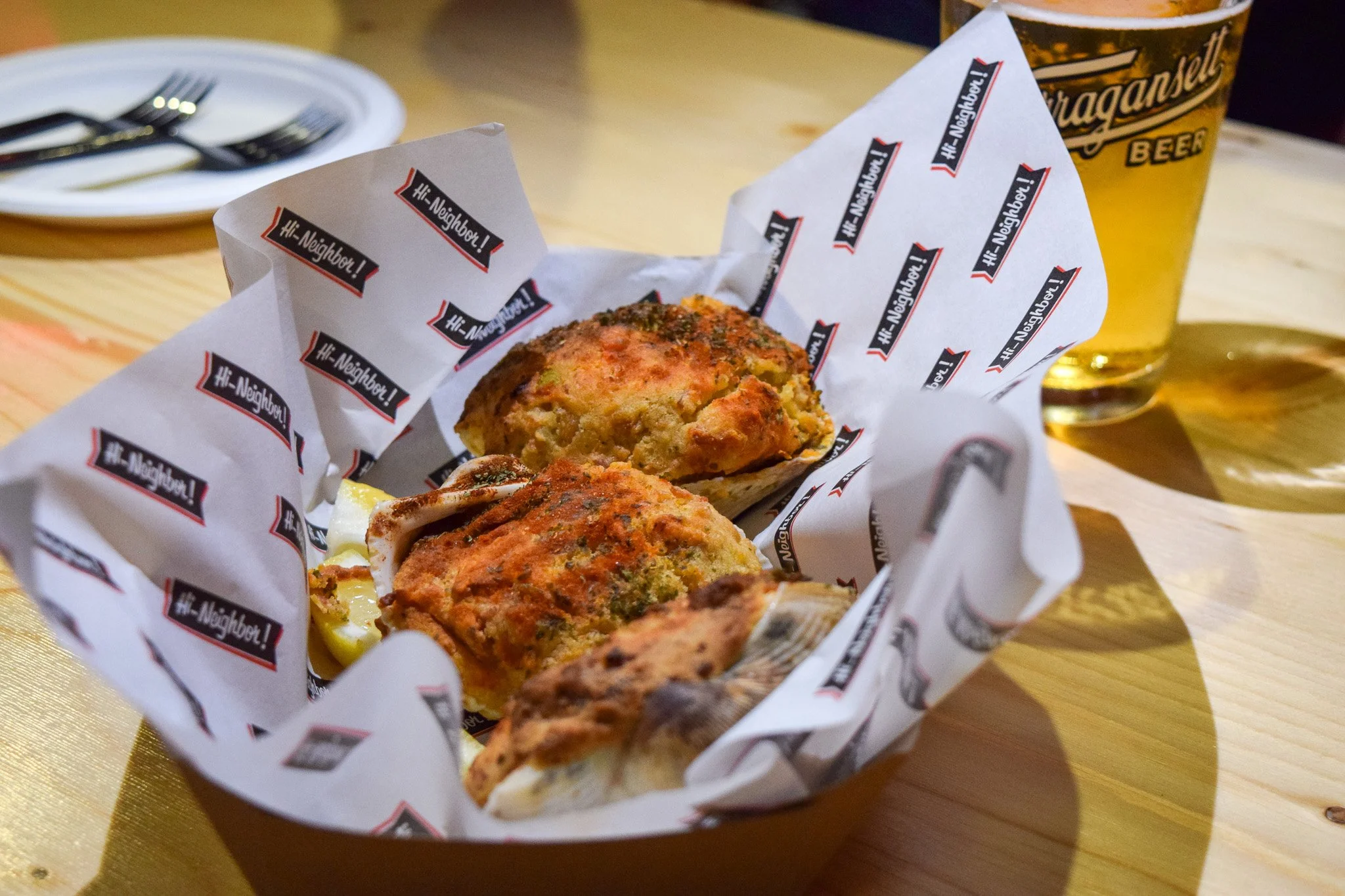 A basket of stuffed quahogs, a classic Rhode Island "stuffie," served at Narragansett Brewery in Providence