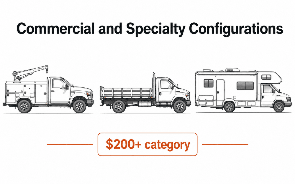 Examples of commercial and specialty vehicles including a service truck, flatbed truck, and motorhome.