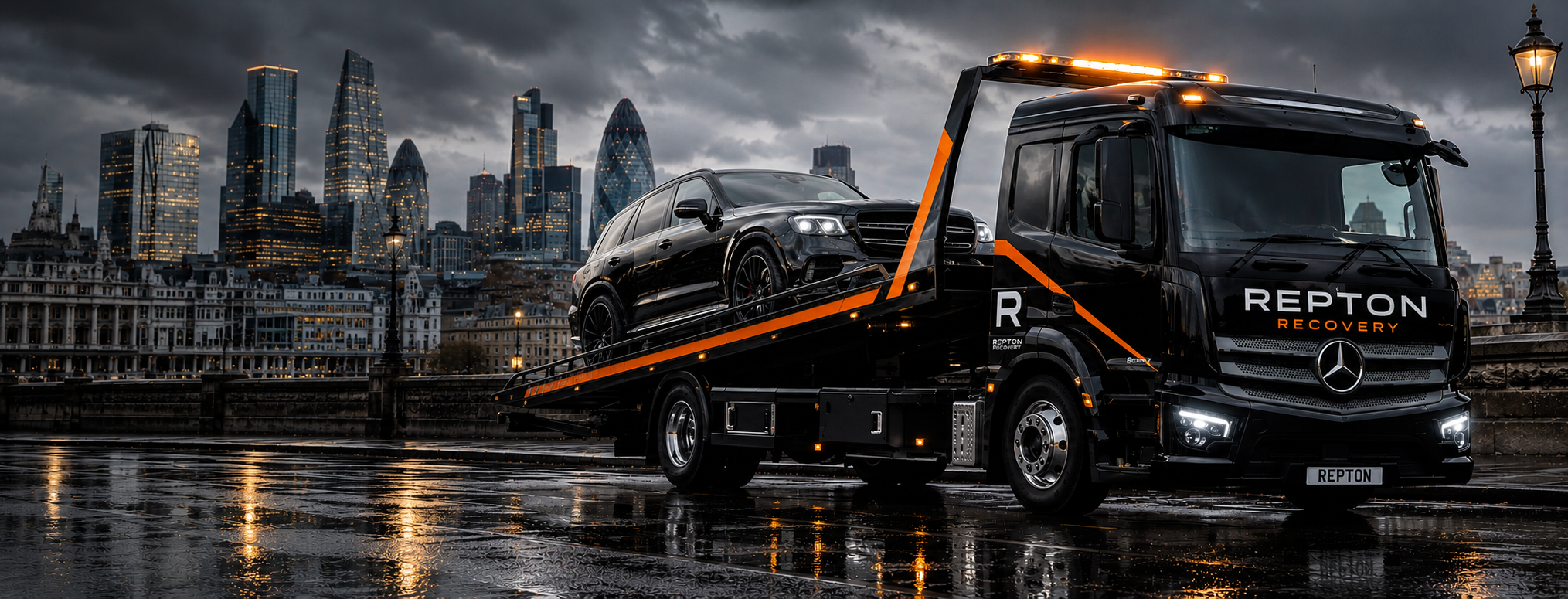 Repton Recovery flatbed recovery truck transporting a luxury vehicle in London, providing professional 24/7 vehicle recovery and transport services.