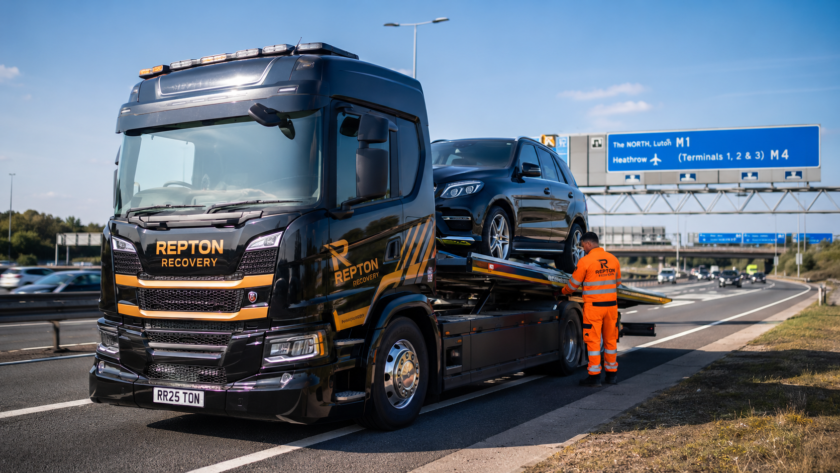 Professional vehicle recovery truck transporting an SUV on a London motorway, operated by Repton Recovery.