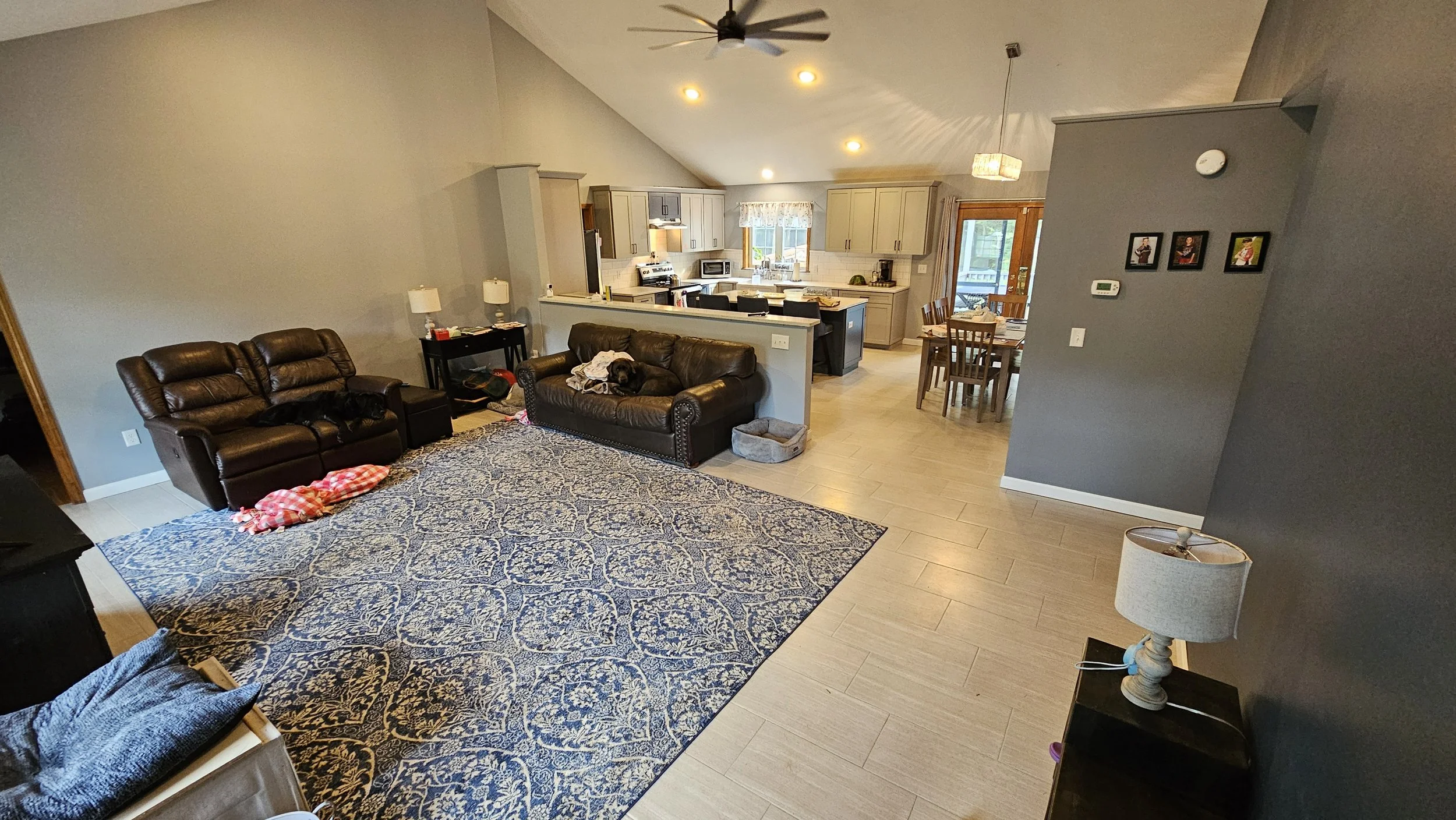 Living room with two brown leather sofas, a black side table with dogs resting on the sofas, a patterned rug, and a view into a kitchen and dining area in the background.