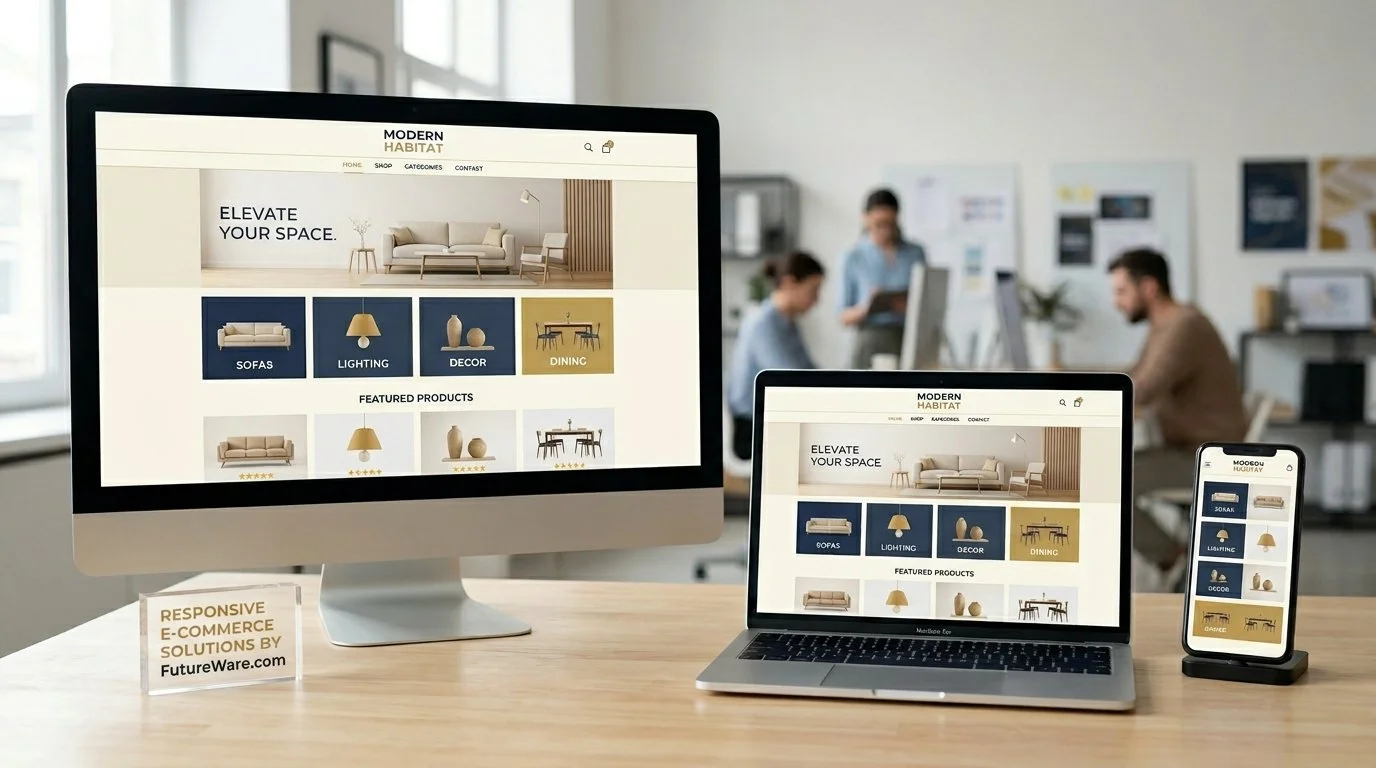 Displays a desktop computer, laptop, and smartphone on a wooden table, all showing a modern furniture e-commerce website, with a blurred office background and a sign promoting responsive e-commerce solutions.