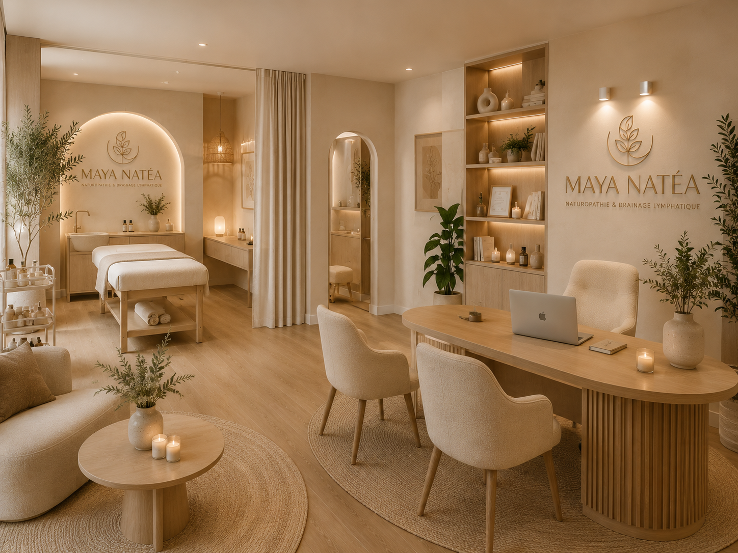 Cabinet Maya Natea, avec un espace de consultation et une salle de massage. Décor épuré, éclairage doux.