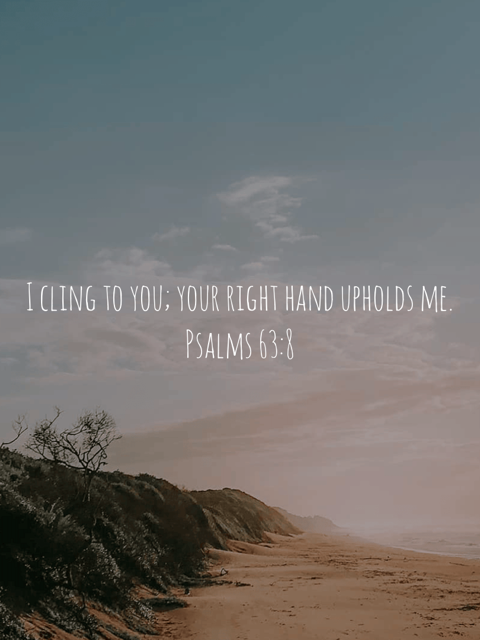 A beach landscape with a cloudy sky, a tree on a hill, and a shoreline at sunset, featuring an encouraging Bible verse from Psalms 63:8.