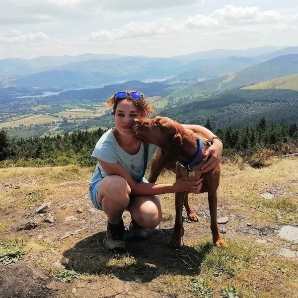Psychotherapist Frances Carpenter in the Lake District with her dog Sim