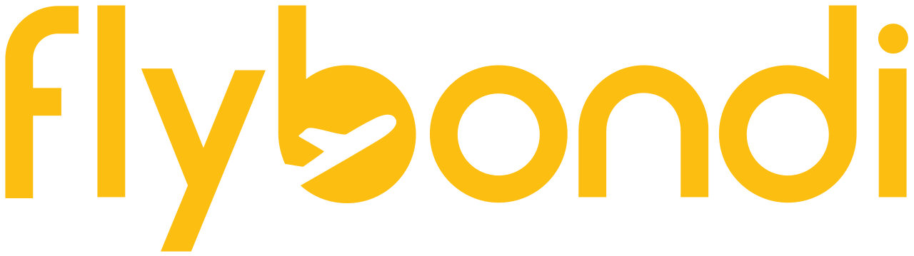 Logo de Flybondi, aerolínea con letras amarillas y un avión estilizado en la letra 'f'.