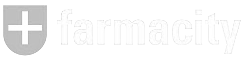 Logo de farmacity con un escudo y texto blanco sobre fondo gris