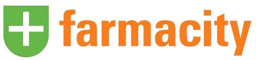 Logotipo de Farmacity con un símbolo de cruz verde y texto en naranja y negro.