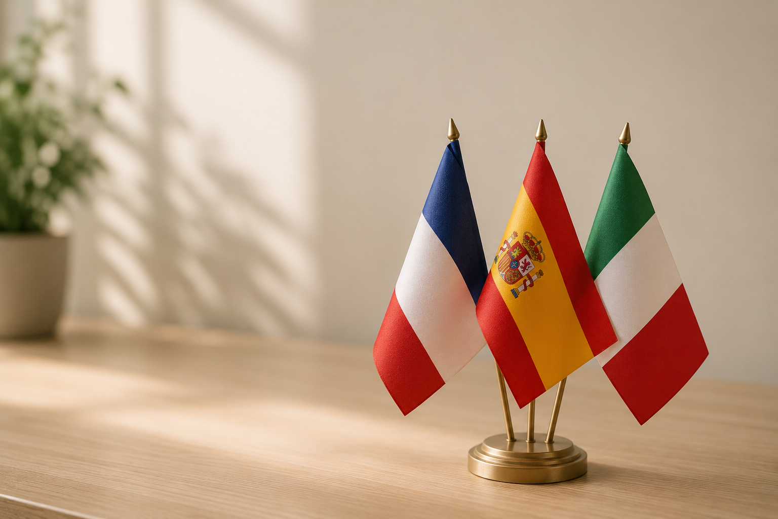 Small table with three miniature international flags of France, Spain, and Italy, near a blurred potted plant in the background.