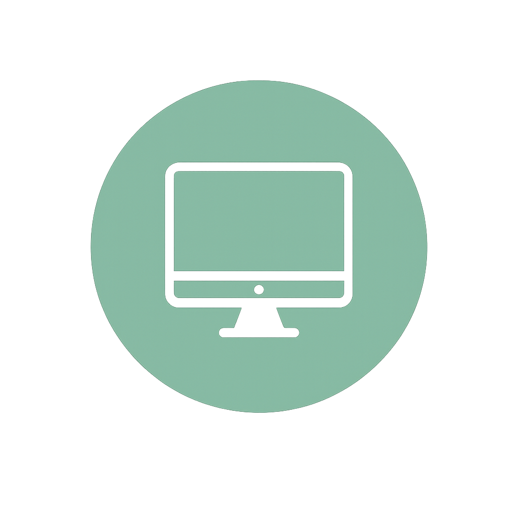 Icon of a desktop computer inside a green circle on a black background.