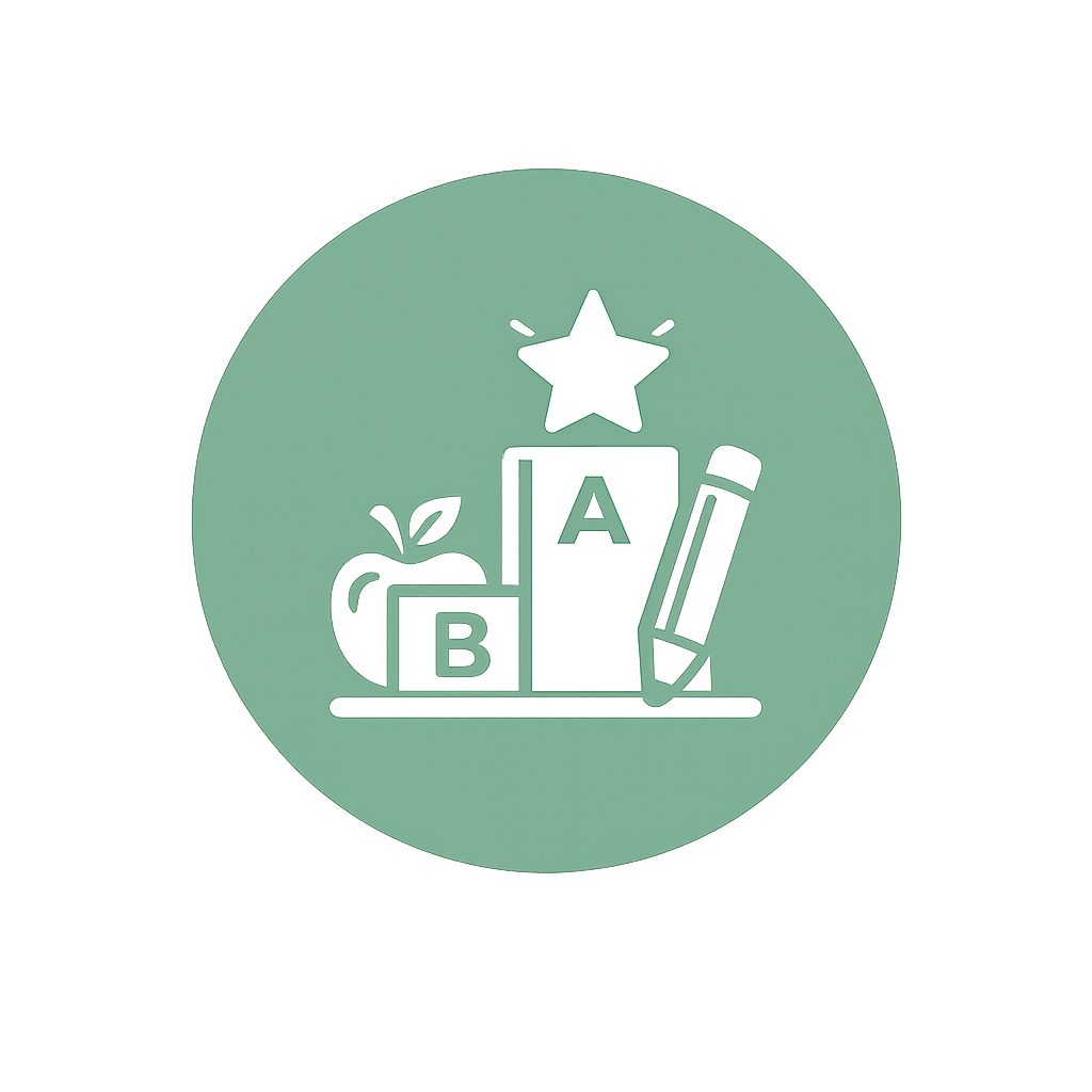 Educational icon featuring a school apple, alphabet blocks with A and B, a star, and a pencil on a green circular background.