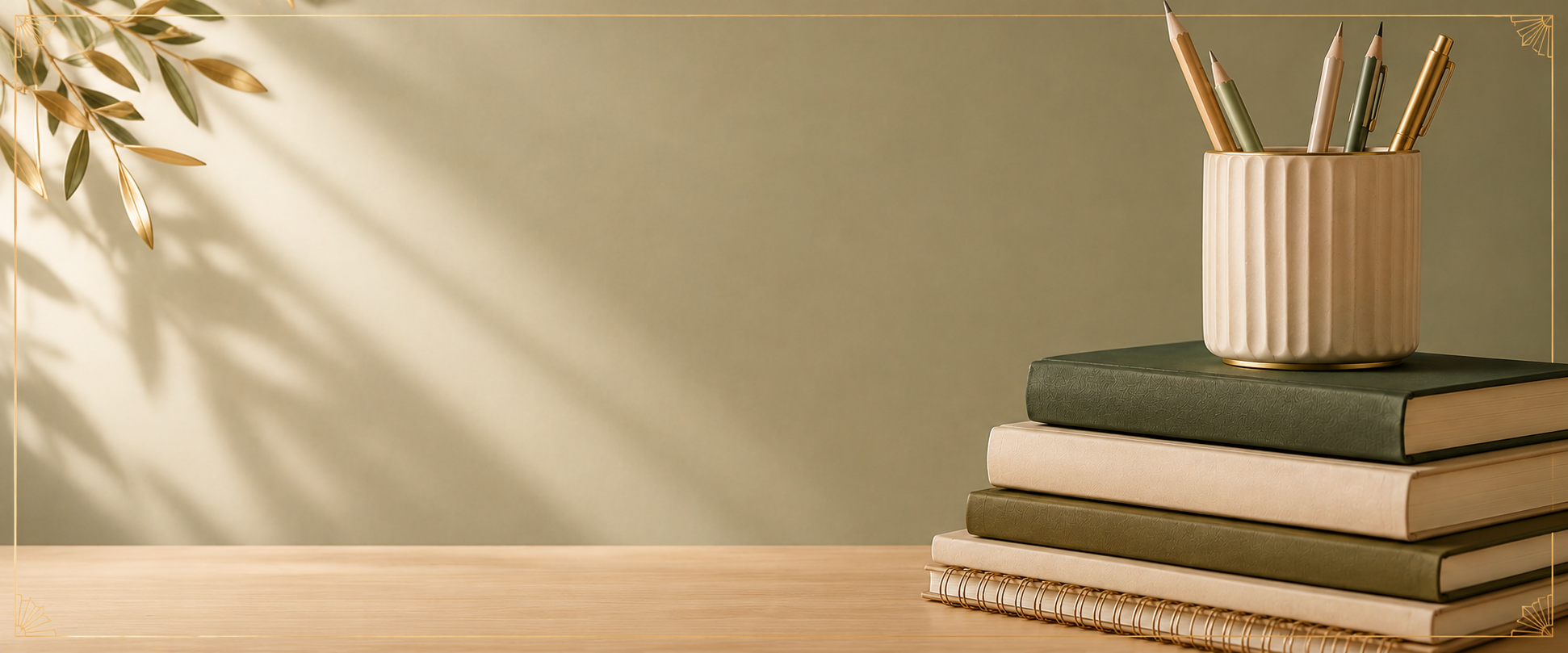A stack of five closed hardcover books with green and beige covers on a light wooden surface, with a beige ceramic container holding pens and pencils on top. A sprig of leaves casts shadows on a beige wall background.