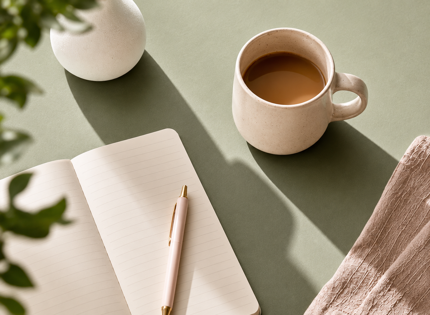 A green table with a white vase, a notebook with a gold and white pen, a cup of coffee, and a rolled-up beige fabric or paper.