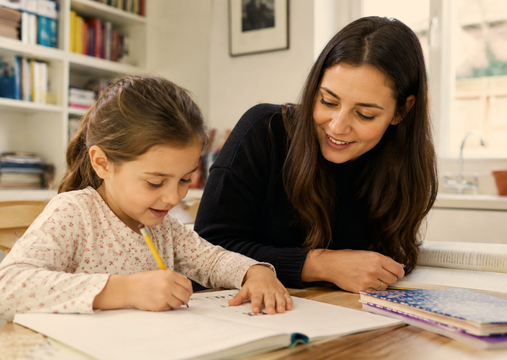 A young girl and an adult woman, likely a teacher, sitting at a wooden table in a classroom, engaging in a learning activity together. The girl is writing with a yellow pencil, and the woman is smiling and looking at her. Behind them, there is a bookshelf filled with books and a window letting in natural light.