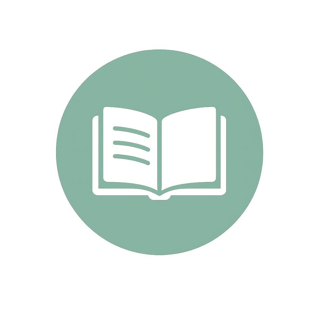 Icon of an open book on a circular teal background.