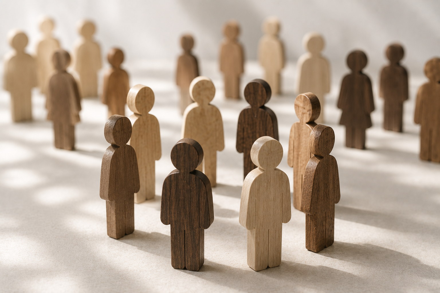 Multiple wooden human-shaped figurines arranged in a pattern with light and shadow.