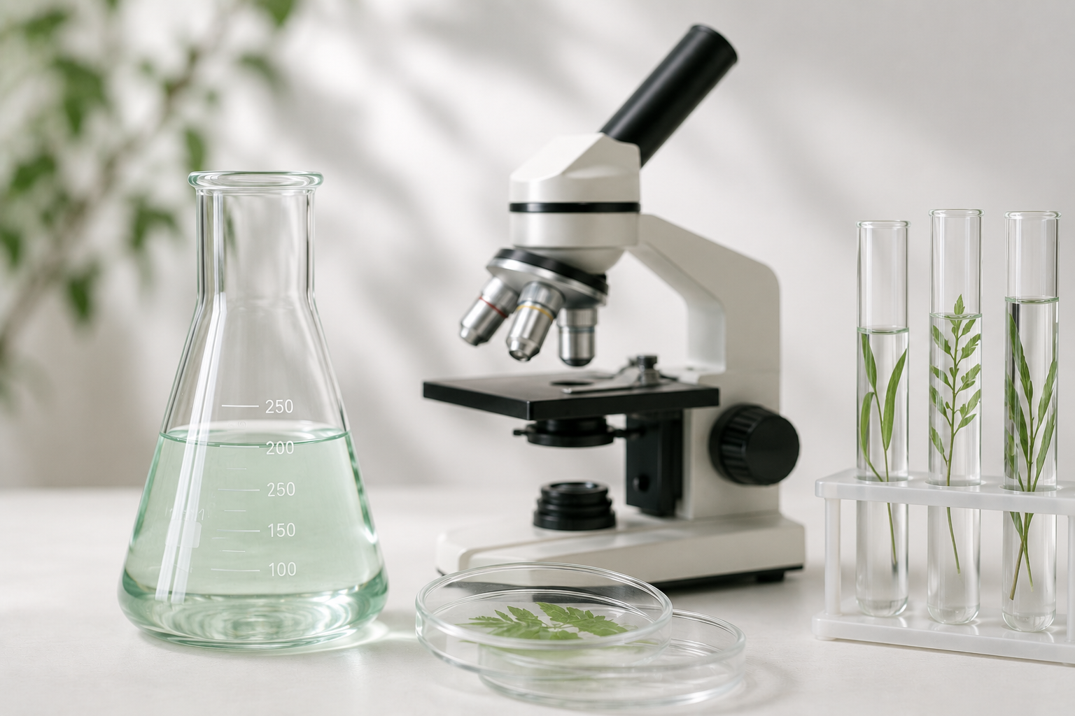 A laboratory scene with a microscope, a glass beaker with a clear liquid, petri dishes with green plant leaves, and test tubes with green plants inside.
