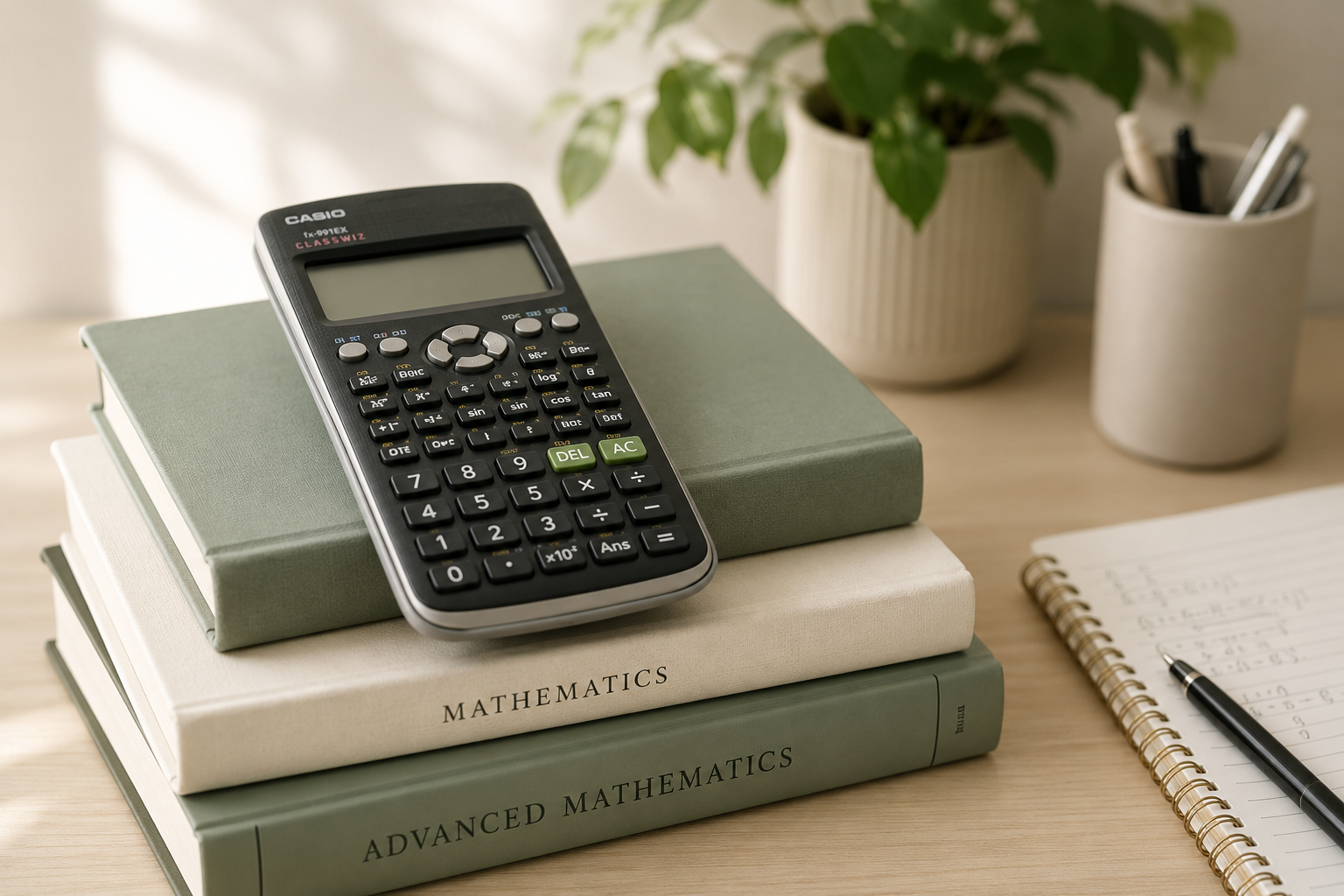 Stack of two mathematics books with a black calculator on top, a spiral notebook with notes and a pen, and two cups holding pens and a plant in the background.