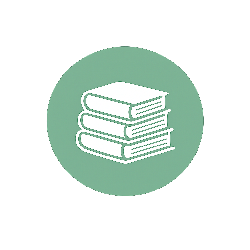 Icon of a stack of four books on a green circular background.